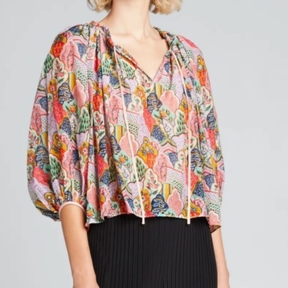 RHODE Resort Abstract Patterned Multi Color Tie Collar Bohemian Patchwork Top - Picture 9 of 9